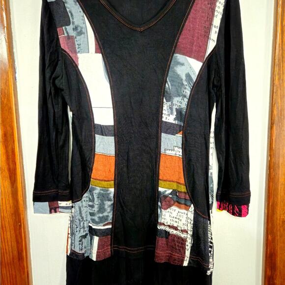 Parsley & Sage Patchwork Mixed-Media Tunic Top V-Neck 3/4 Sleeve Size Small - Picture 3 of 7